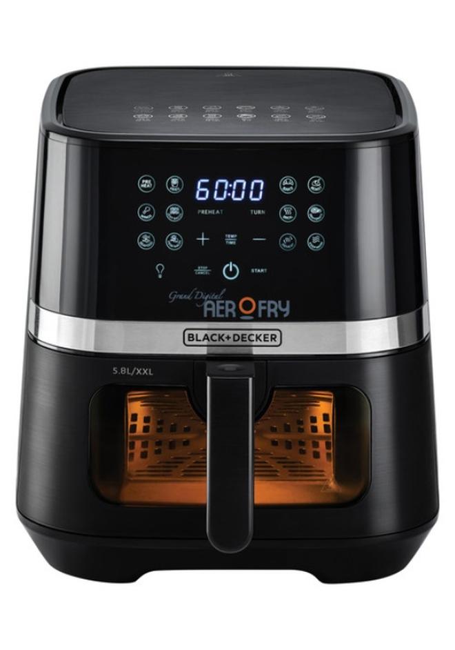 بلاك اند ديكر قلاية هوائية 5.6 ليتر، 2 كجم، 1800 واط، نافذة مع اضائة ليد، درجة حرارة من 80 إلى 200 درجة لوحة لمس ملونة،  AF3550-B5 5.8 L 1800 W AF5800-B5 أسود/فضي - Image 1