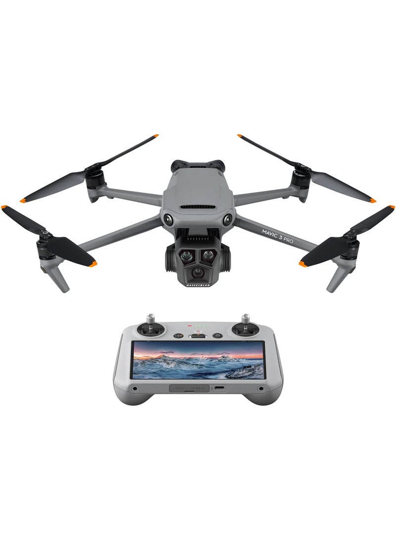دي جي آي - Mavic 3 Pro مع RC، طائرة بدون طيار بكاميرا ثلاثية رائدة مع كاميرا Hasselblad، مدة طيران تصل إلى 43 دقيقة، نقل فيديو عالي الدقة لمسافة 15 كم، معتمدة من MOIAT - إصدار دولة الإمارات العربية المتحدة مع دعم الضمان الرسمي - Image 1