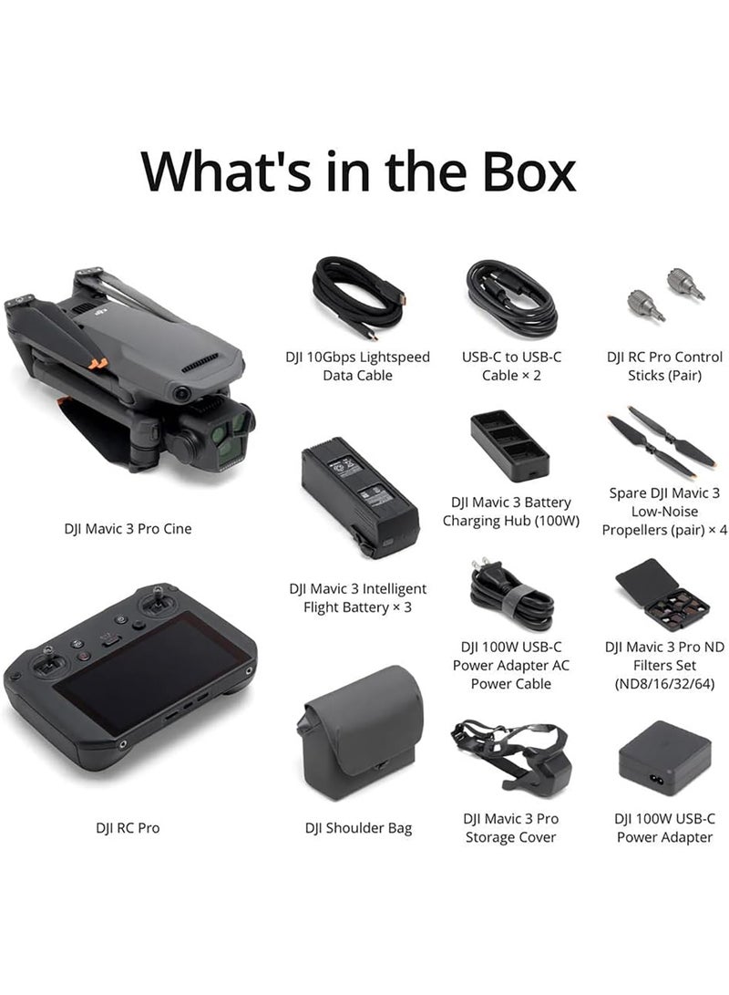 دي جي آي - Mavic 3 Pro Cine مع RC Pro، طائرة بدون طيار رائدة ثلاثية الكاميرا، دعم Apple ProRes ثلاثي الكاميرا مع مساحة تخزين 1 تيرابايت، 3 بطاريات طيران، معتمدة من MOIAT - إصدار الإمارات العربية المتحدة مع دعم الضمان الرسمي - Image 1