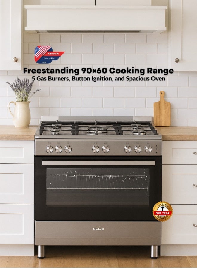 Admiral 90x60 Gas Cooker – Stainless Steel Gas Range with Full Safety System, Button Auto Ignition, Heavy-Duty Cast Iron Pan Supports, Spacious Oven, Premium Silver Finish, 2-Year Warranty ADGC9060SF Silver - Image 1