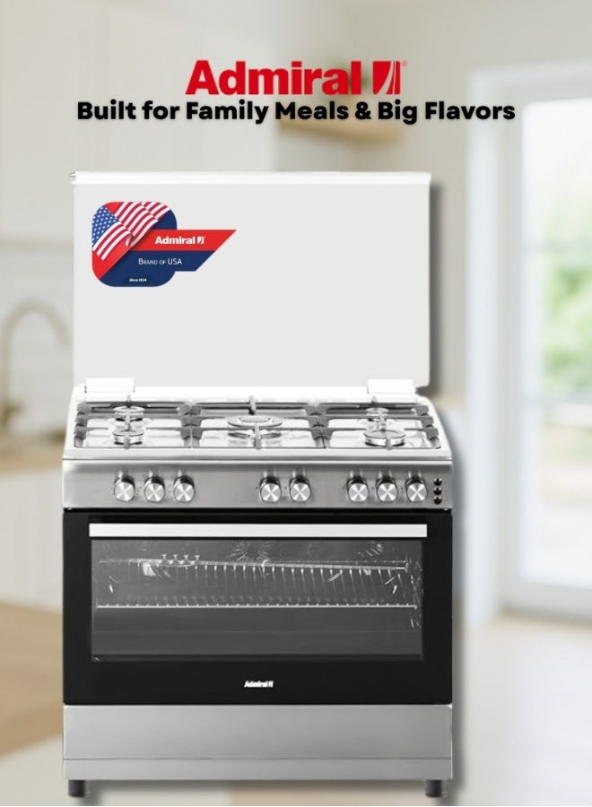 Admiral 90x60 Gas Cooker – Stainless Steel Gas Range with Full Safety System, Button Auto Ignition, Heavy-Duty Cast Iron Pan Supports, Spacious Oven, Premium Silver Finish, 2-Year Warranty ADGC9060SF Silver - Image 2