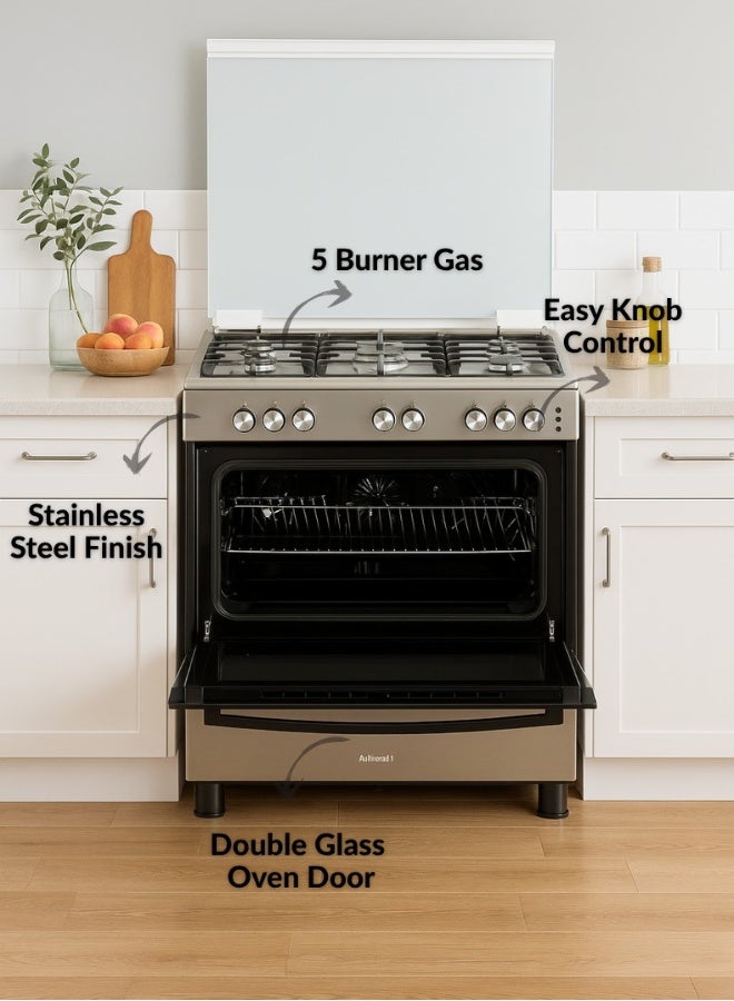 Admiral 90x60 Gas Cooker – Stainless Steel Gas Range with Full Safety System, Button Auto Ignition, Heavy-Duty Cast Iron Pan Supports, Spacious Oven, Premium Silver Finish, 2-Year Warranty ADGC9060SF Silver - Image 3