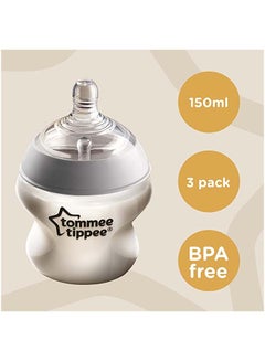 tommee tippee Pack Of 3 Closer To Nature Baby Bottles, Slow-Flow Anti-Colic Valve 0 Months+, 150ml, Multicolour  - Image 3