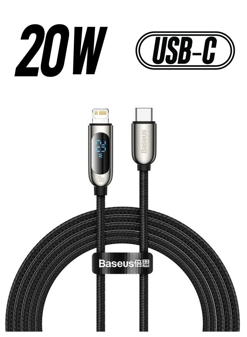 Baseus - USB C to Lightning Cable, 20W PD Type C to Lightning Cord with LED Display Compatible with iPhone 14 Pro Max 13/13 Pro 12 Pro Max 12 11 X XS XR 8 Plus, AirPods Pro, Supports Power Delivery 2M Black - Image 1