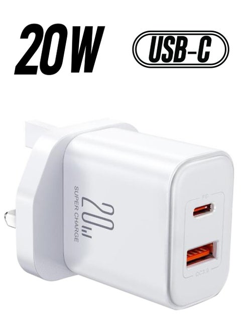 Flash memory series 20W A+C dual-port charger supporting QC 3.0. Wall travel adapter 20W fast power charger, compatible with Samsung AFC, Huawei SCP and other lower versions of iPhone-Etc White
