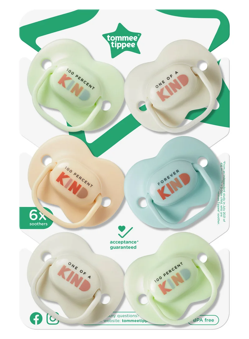 tommee tippee Pack Of 6 Anytime Soothers Symmetrical Orthodontic Design BPA-Free Silicone Baglet For 0-6 Months Multicolour