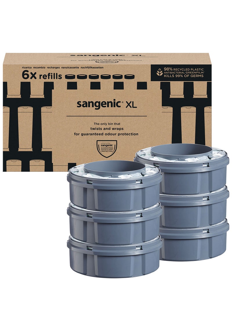 tommee tippee - Pack Of 6 Twist And Click Sangenic XL Nappy Bin Refill Cassettes, Sustainably Sourced Antibacterial Greenflim, Grey - Image 1