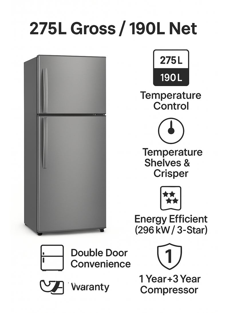 275L Gross / 190L Net, Top Mount Double Door Refrigerator, With Vegetable Crisper And Adjustable Glass Shelves,  Convenient Defrosting And Temperature Control, Ideal For Kitchen, Bedroom, Office And Hotels 296 kW NRF275DN3S Grey