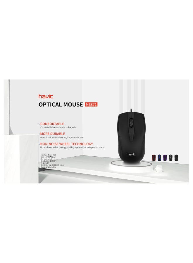 havit MS871 Wired USB Mouse ,1200 DPI With Multi Hand Using, Black  - Image 2