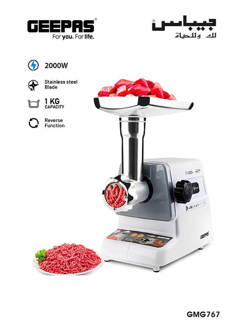 Electric Meat Grinder, Mincer With Reverse Function/Metal Cutting Plates/Accessories/Metal Gears/Stainless Steel Blades 1 kg 2000 W GMG767BS White