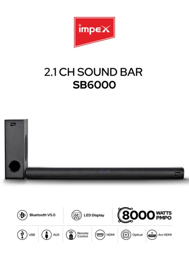 Impex Beat Beam SB 6000 2.1 Channel Wireless Soundbar with 6.5" Subwoofer 80W Output (8000W PMPO) Bluetooth 5.0, HDMI ARC, Optical Input, USB, AUX, LED Display & Remote Control SB 6000 Black - Image 1