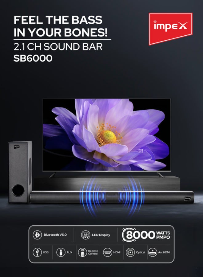 Impex Beat Beam SB 6000 2.1 Channel Wireless Soundbar with 6.5" Subwoofer 80W Output (8000W PMPO) Bluetooth 5.0, HDMI ARC, Optical Input, USB, AUX, LED Display & Remote Control SB 6000 Black - Image 3