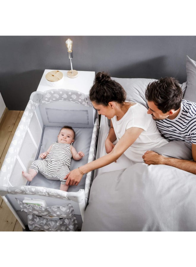 hauck - Bedside Crib Sleep N Care Plus, Co - Sleeper For New Born Babys From Birth Up To 9 Kg, Lowerable Side Part, Wheels, Toy Pockets, Storage Compartment, Foldable, Transport Bag, Teddy Grey - Image 1