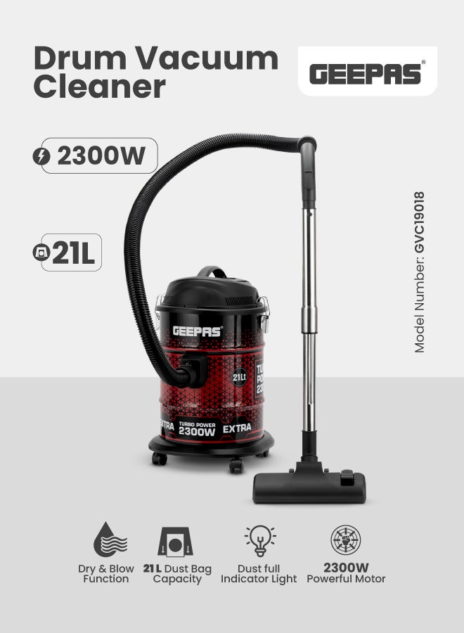GEEPAS Drum Vacuum Cleaner With Powerful Dry & Blow Function, Anti-Rust Metallic Body 21 L 2300 W GVC19018 Black/Maroon  - Image 1
