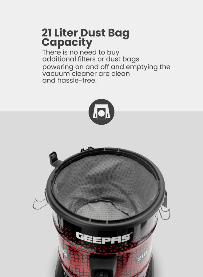 GEEPAS Drum Vacuum Cleaner With Powerful Dry & Blow Function, Anti-Rust Metallic Body 21 L 2300 W GVC19018 Black/Maroon  - Image 2