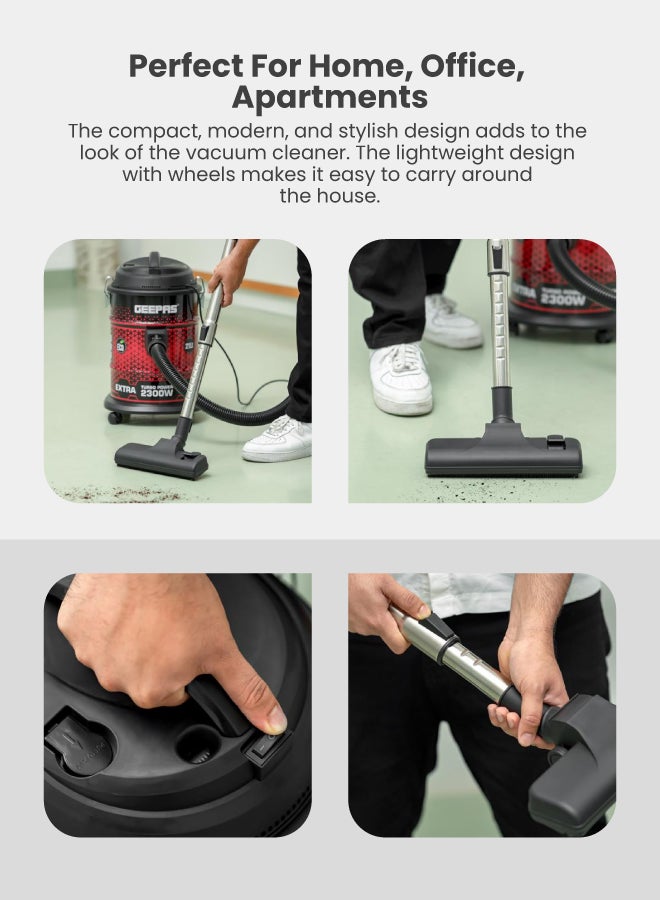 GEEPAS - Drum Vacuum Cleaner With Powerful Dry & Blow Function, Anti-Rust Metallic Body 21 L 2300 W GVC19018 Black/Maroon - Image 1