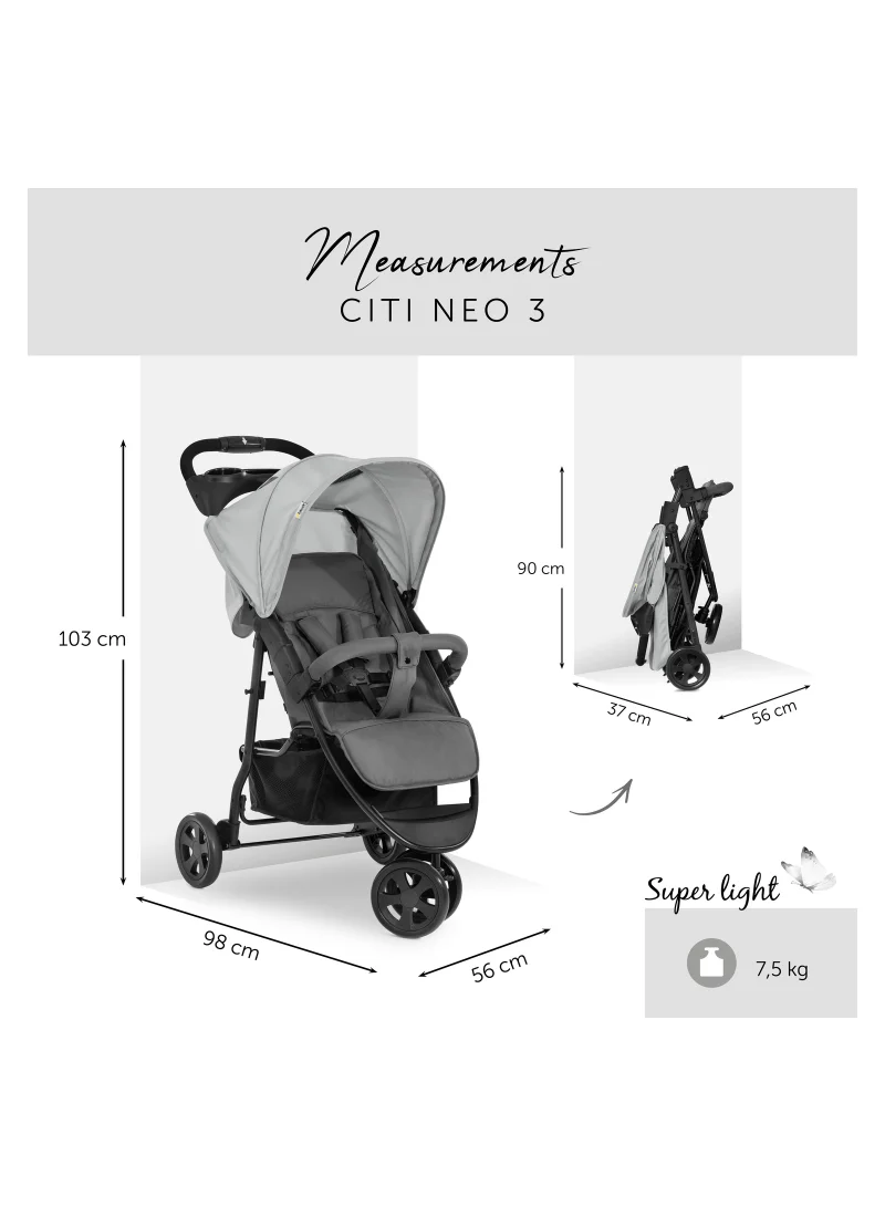 hauck Citi Neo 3 Pushchair, Grey Lightweight 3 Wheeled Stroller (Only 7.5Kg), Compact And One Hand Folding, With Raincover