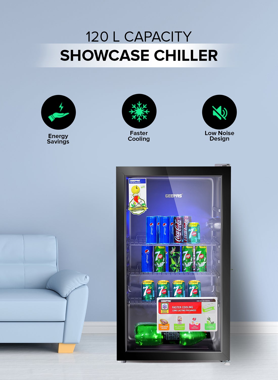 GEEPAS Showcase Chiller 120 Quick Cooling with Low E Glass Door Low ...