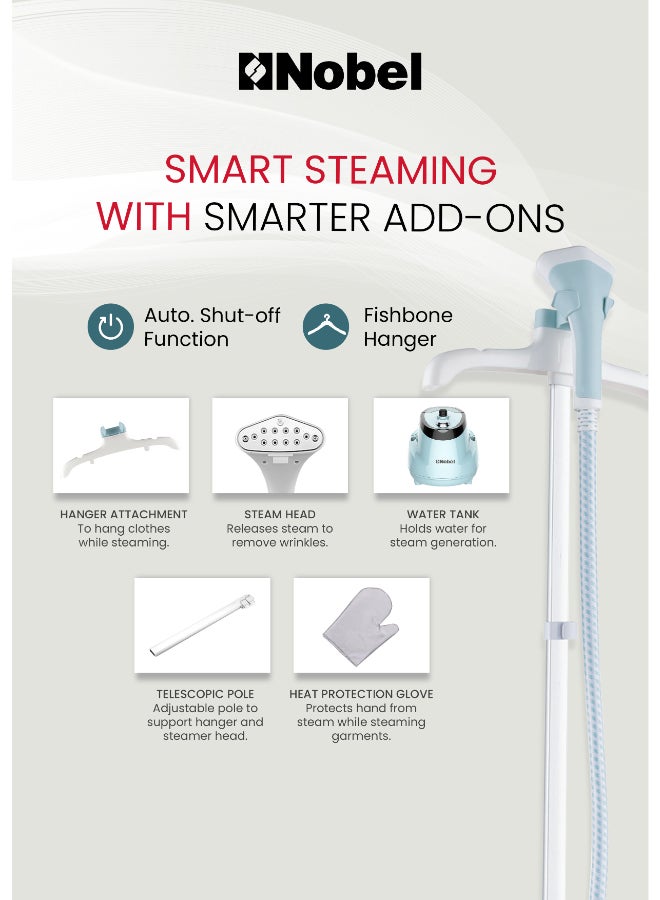 نوبل مكواة بخار للملابس مع عمود تلسكوبي قابل للتعديل، تدفق بخار 35 جرام/الدقيقة وتسخن خلال 45 ثانية فقط - Image 4