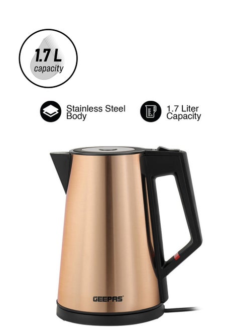 Three Layer Stainless Steel Electric Kettle| 360-Degrees Rotation, Boil Dry Protection and Automatic Cut-Off| Perfect for Boiling Water, Milk, Tea| 1850-2200 W, Seamless Welding| 2 Years Warranty, Metallic brown Color 1.7 L 2200 W GK38033 Gold/Black