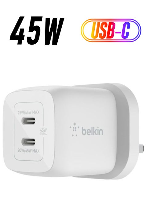 45W Dual USB Type C Wall Charger With GaN Technology   Fast ChargIng Power Delivery 3.0   iPhone 15 Plus Pro Pro Max iPad Pro 12.9 11 MacBook Galaxy S24 Pixel And More   USB C Charger White