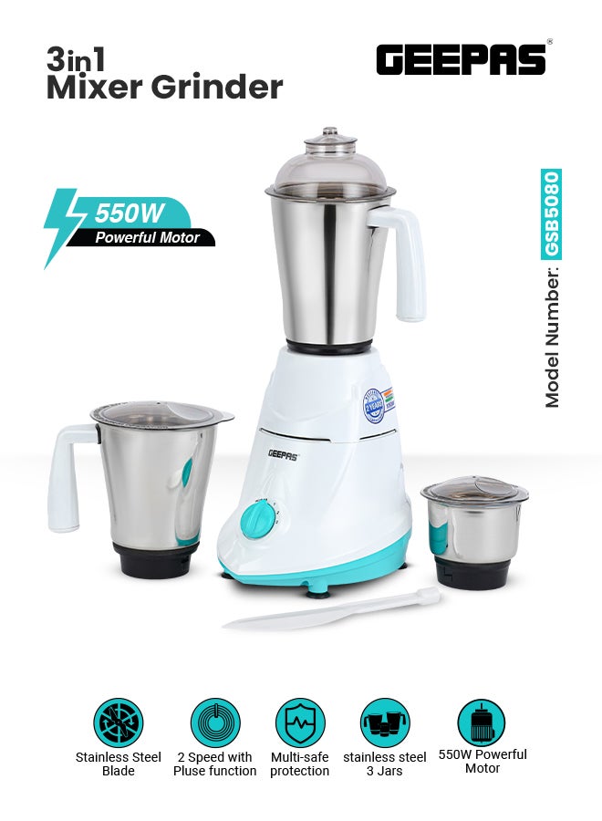 GEEPAS 3-In-1 Electric Mixer Grinder With Stainless  Steel Jars 1.2 L 550 W GSB5080 White/Blue/Silver 