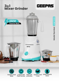 GEEPAS 3-In-1 Electric Mixer Grinder With Stainless  Steel Jars 1.2 L 550 W GSB5080 White/Blue/Silver  - Image 2