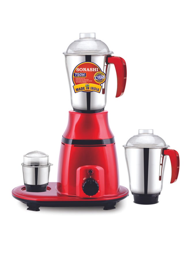 SONASHI - 3-in-1 Mixer Grinder with Copper Motor - 3 Speed, 3 Stainless Steel 1.75L 1.0 L Dry And 0.5L Jars for Wet/Dry Grinding Liquidizing with Durable Lids 750 W SB-193 Red - Image 1