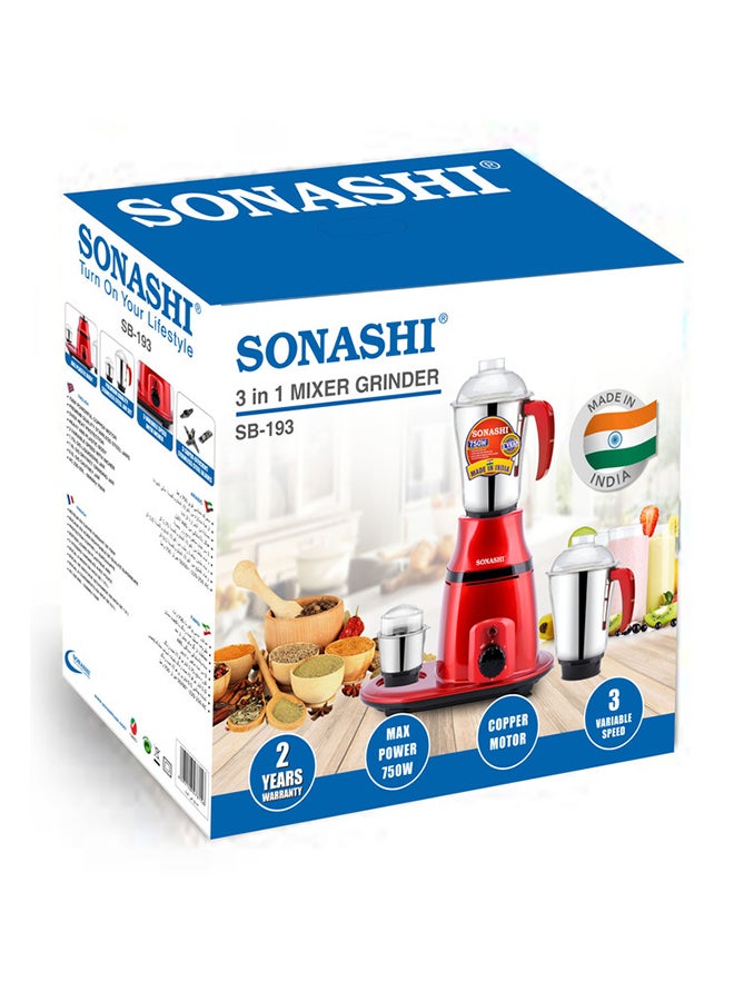 SONASHI - 3-in-1 Mixer Grinder with Copper Motor - 3 Speed, 3 Stainless Steel 1.75L 1.0 L Dry And 0.5L Jars for Wet/Dry Grinding Liquidizing with Durable Lids 750 W SB-193 Red - Image 1