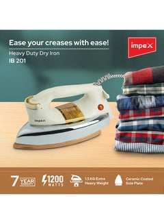 Impex Automatic Dry Iron| Heavy Duty Iron Box With Temperature Settings Dial And Auto Shut Off Function| Super Deluxe Heavy Weight Iron Box, Suitable For All Kinds of Fabric| Equipped With Ceramic Coating 1200 W IB 201 Ivory  - Image 2