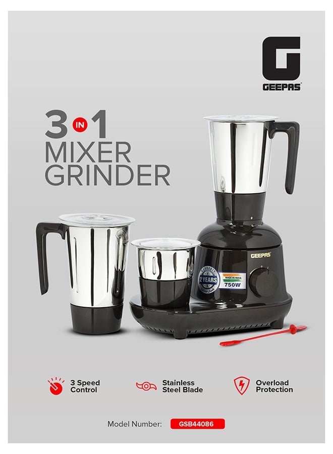 GEEPAS Mixer Grinder 3 in 1 Powerful Grinder Stainless Steel Jars & Blades Safety Twist Lock 750 W GSB44086 Black - Image 1