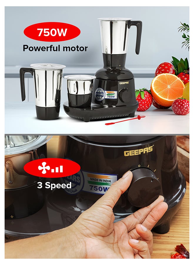 GEEPAS Mixer Grinder 3 in 1 Powerful Grinder Stainless Steel Jars & Blades Safety Twist Lock 750 W GSB44086 Black - Image 3