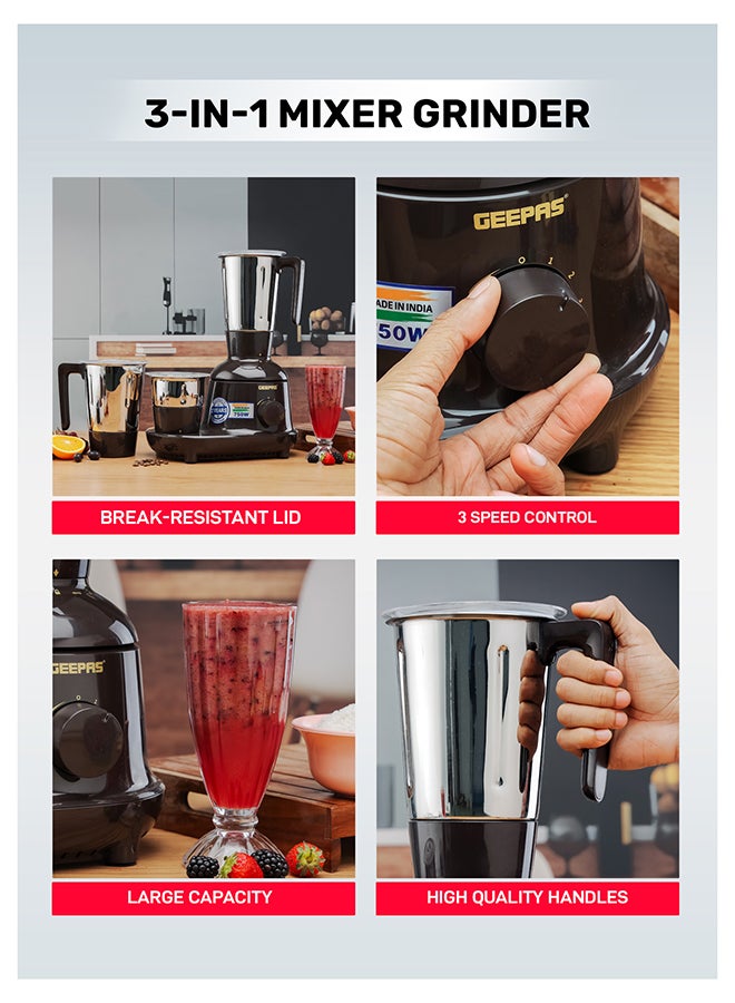 GEEPAS Mixer Grinder 3 in 1 Powerful Grinder Stainless Steel Jars & Blades Safety Twist Lock 750 W GSB44086 Black - Image 5