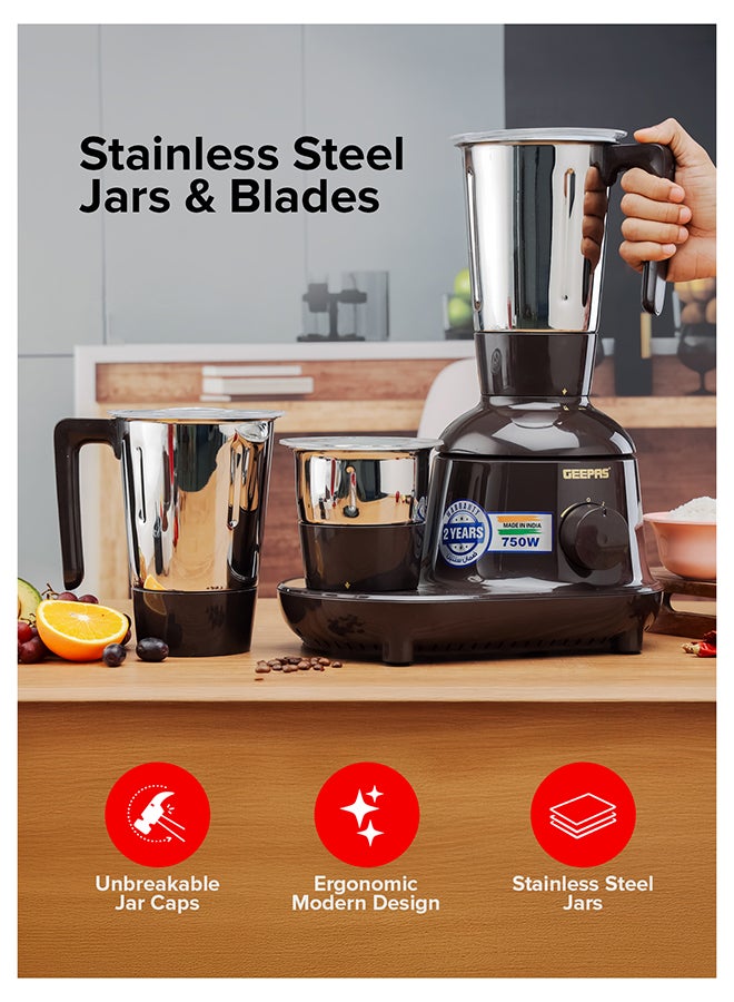 GEEPAS Mixer Grinder 3 in 1 Powerful Grinder Stainless Steel Jars & Blades Safety Twist Lock 750 W GSB44086 Black - Image 2