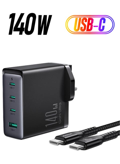 Fast Charger And Cable Set PD 140W 4-Port GaN Type-C Plug QC 3.0 USB C Laptop Adapter Compatible With MacBook Pro/Air, Dell XPS, iPhone 14/15,iPad Pro, Galaxy S23,Pixel 7,Steam Deck/Lenovo/ASUS Contains A 140W C-C Data Cable Black