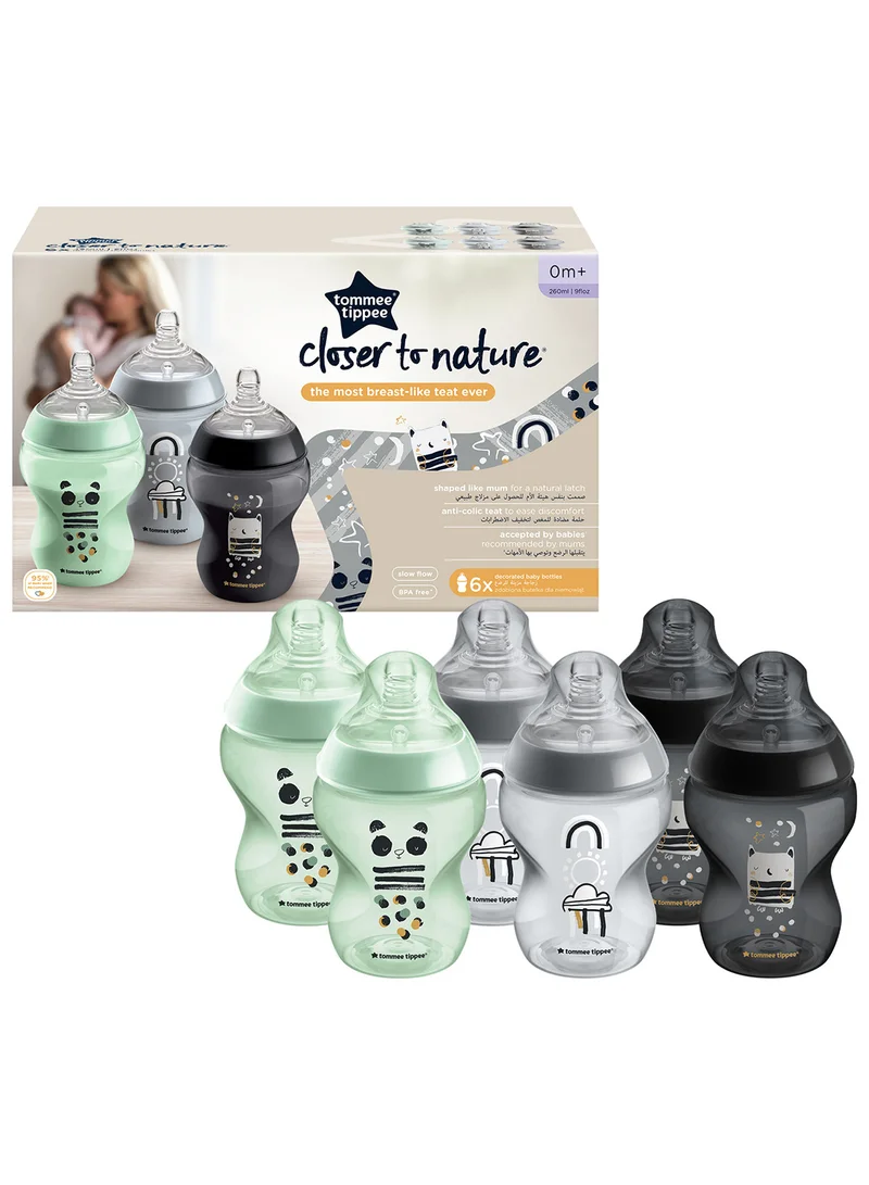 تومي تيبي Pack Of 6 Closer To Nature Baby Bottles, Slow-Flow Breast-Like Teat With Anti-Colic Valve 0 Months+, 260 ml Multicolor