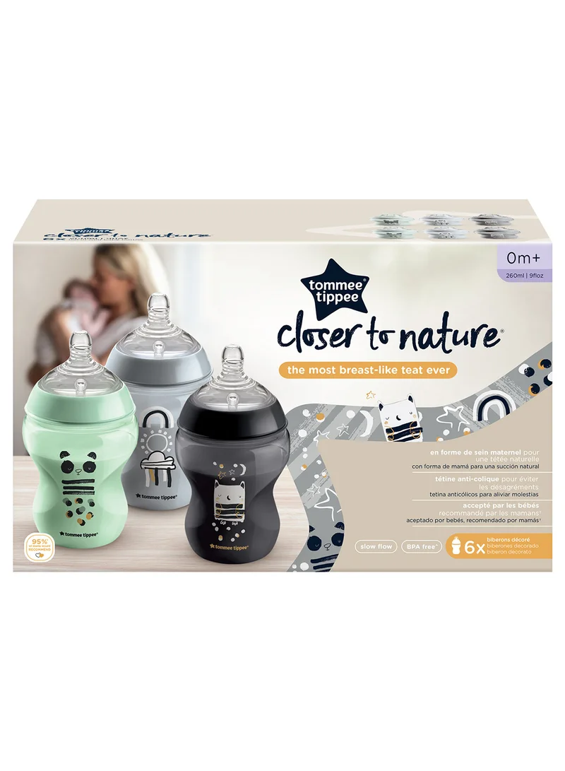 تومي تيبي Pack Of 6 Closer To Nature Baby Bottles, Slow-Flow Breast-Like Teat With Anti-Colic Valve 0 Months+, 260 ml Multicolor