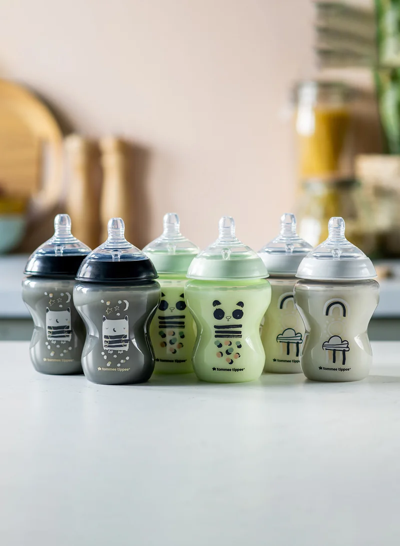 تومي تيبي Pack Of 6 Closer To Nature Baby Bottles, Slow-Flow Breast-Like Teat With Anti-Colic Valve 0 Months+, 260 ml Multicolor