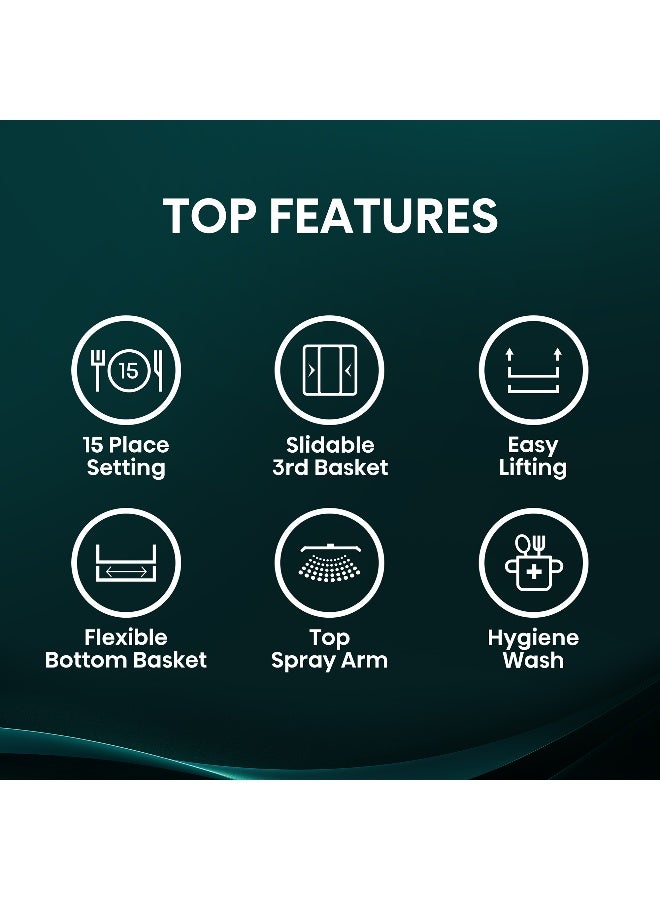 Hisense Freestanding Stainless Steel Dishwasher HS623E90G, 15 Place Settings, 3 Baskets, 8 Programs, Slidable 3rd Basket, Easy Lifting, Flexible Bottom Basket, Top Spray Arm, Hygiene Wash, Air Dry, Aqua Protect System, Crystal Wash, Power-off Memory, Self Clean, Super Silent Operation 44 kg HS623E90G Grey - Image 3