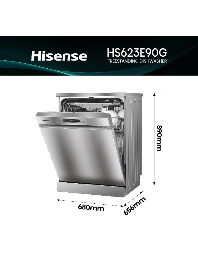 Hisense Freestanding Stainless Steel Dishwasher HS623E90G, 15 Place Settings, 3 Baskets, 8 Programs, Slidable 3rd Basket, Easy Lifting, Flexible Bottom Basket, Top Spray Arm, Hygiene Wash, Air Dry, Aqua Protect System, Crystal Wash, Power-off Memory, Self Clean, Super Silent Operation 44 kg HS623E90G Grey - Image 2