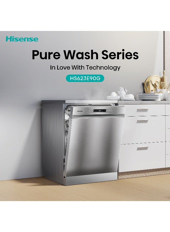 Hisense Freestanding Stainless Steel Dishwasher HS623E90G, 15 Place Settings, 3 Baskets, 8 Programs, Slidable 3rd Basket, Easy Lifting, Flexible Bottom Basket, Top Spray Arm, Hygiene Wash, Air Dry, Aqua Protect System, Crystal Wash, Power-off Memory, Self Clean, Super Silent Operation 44 kg HS623E90G Grey - Image 4