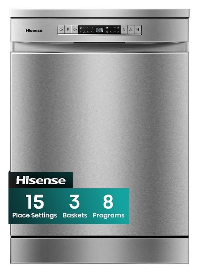 Hisense Freestanding Stainless Steel Dishwasher HS623E90G, 15 Place Settings, 3 Baskets, 8 Programs, Slidable 3rd Basket, Easy Lifting, Flexible Bottom Basket, Top Spray Arm, Hygiene Wash, Air Dry, Aqua Protect System, Crystal Wash, Power-off Memory, Self Clean, Super Silent Operation 44 kg HS623E90G Grey - Image 1