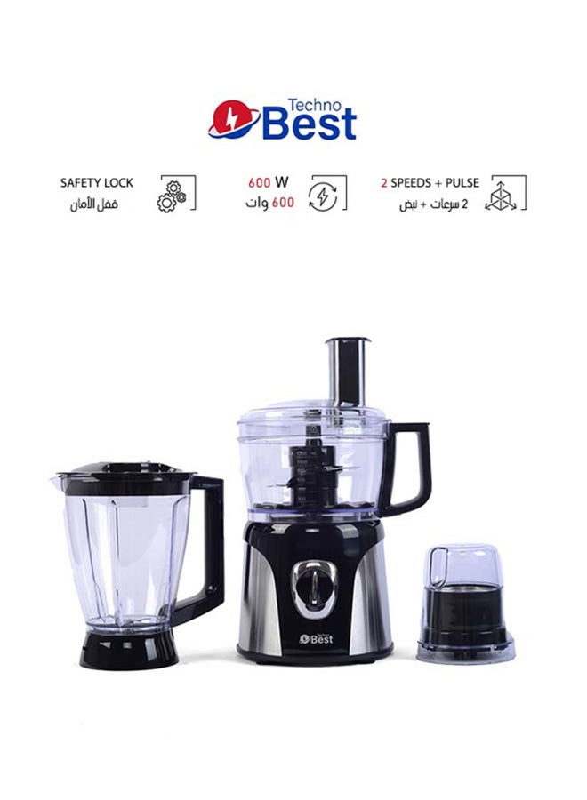 Techno Best - Food Processor With Stainless Steel S-Blade And Chopping Blade Kneading Attachment 600 W BFP-001 Silver/Black - Image 1