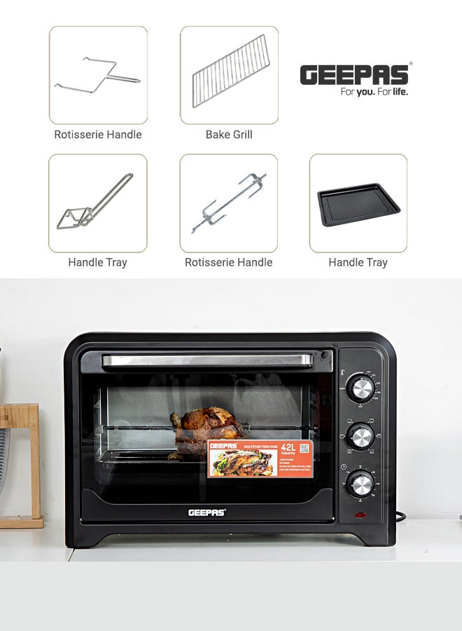 GEEPAS - Electric Oven With Rotisserie Functions & Easy to Use Control Knobs, 6 Stages Heating Selector, 100-230 Degree Celsius Adjustable Temperature/Perfect For Roasting/Cooking Meat, Vegetables, Turkey, Lamb 42 L 2000 W GO4450N Black - Image 1