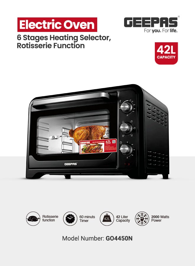 GEEPAS - Electric Oven With Rotisserie Functions & Easy to Use Control Knobs, 6 Stages Heating Selector, 100-230 Degree Celsius Adjustable Temperature/Perfect For Roasting/Cooking Meat, Vegetables, Turkey, Lamb 42 L 2000 W GO4450N Black - Image 1