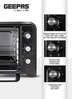 GEEPAS Electric Oven With Rotisserie Functions & Easy to Use Control Knobs, 6 Stages Heating Selector, 100-230 Degree Celsius Adjustable Temperature/Perfect For Roasting/Cooking Meat, Vegetables, Turkey, Lamb 42 L 2000 W GO4450N Black  - Image 4