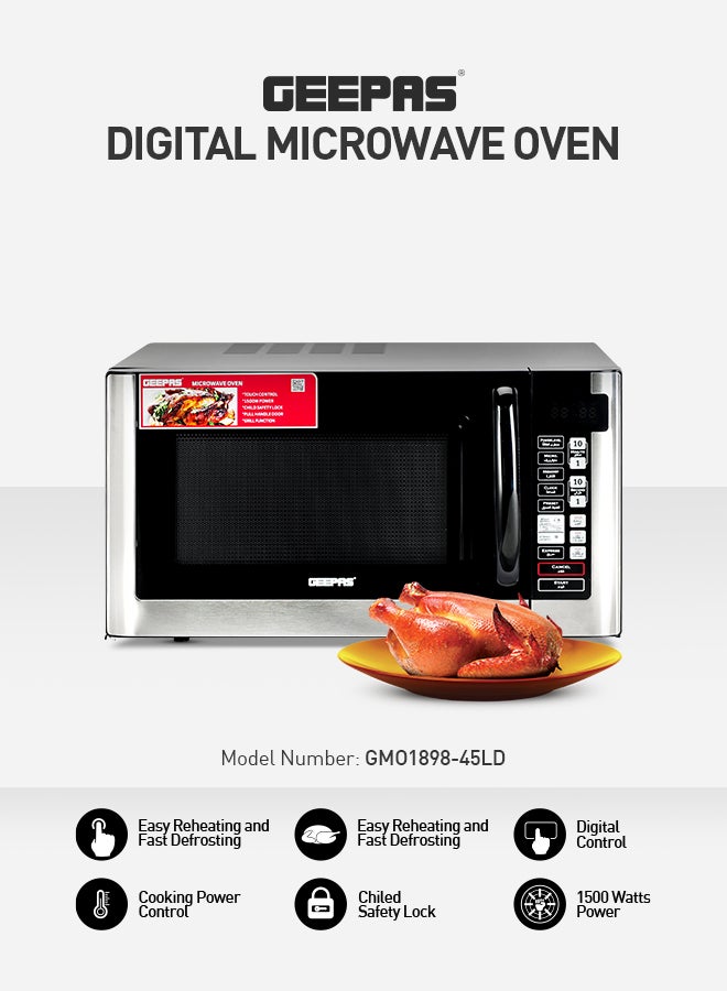 GEEPAS Digital Microwave Oven with Multiple Cooking Menus with Arabic Control Panel/Reheating & Defrost Function/8 Power Levels with Digital Display/Pull Handle Door, Easy to Operate/Child Safety Lock/Digital Controls 40 L 1500 W GMO1898-45LD Silver/Black  - Image 1