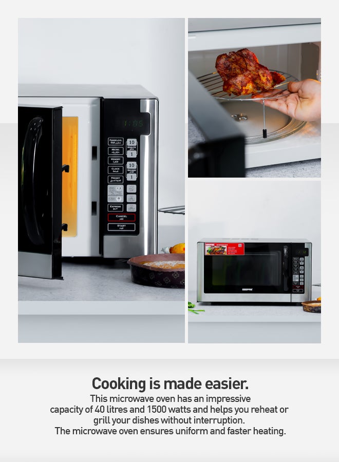 GEEPAS - Digital Microwave Oven with Multiple Cooking Menus with Arabic Control Panel/Reheating & Defrost Function/8 Power Levels with Digital Display/Pull Handle Door, Easy to Operate/Child Safety Lock/Digital Controls 40 L 1500 W GMO1898-45LD Silver/Black - Image 1