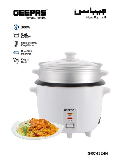 Automatic Rice Cooker 3-In-1 Functions/Non-Stick Inner Pot/Automatic Shut Off With Overheat Protection 0.6 L 300 W GRC4324N White