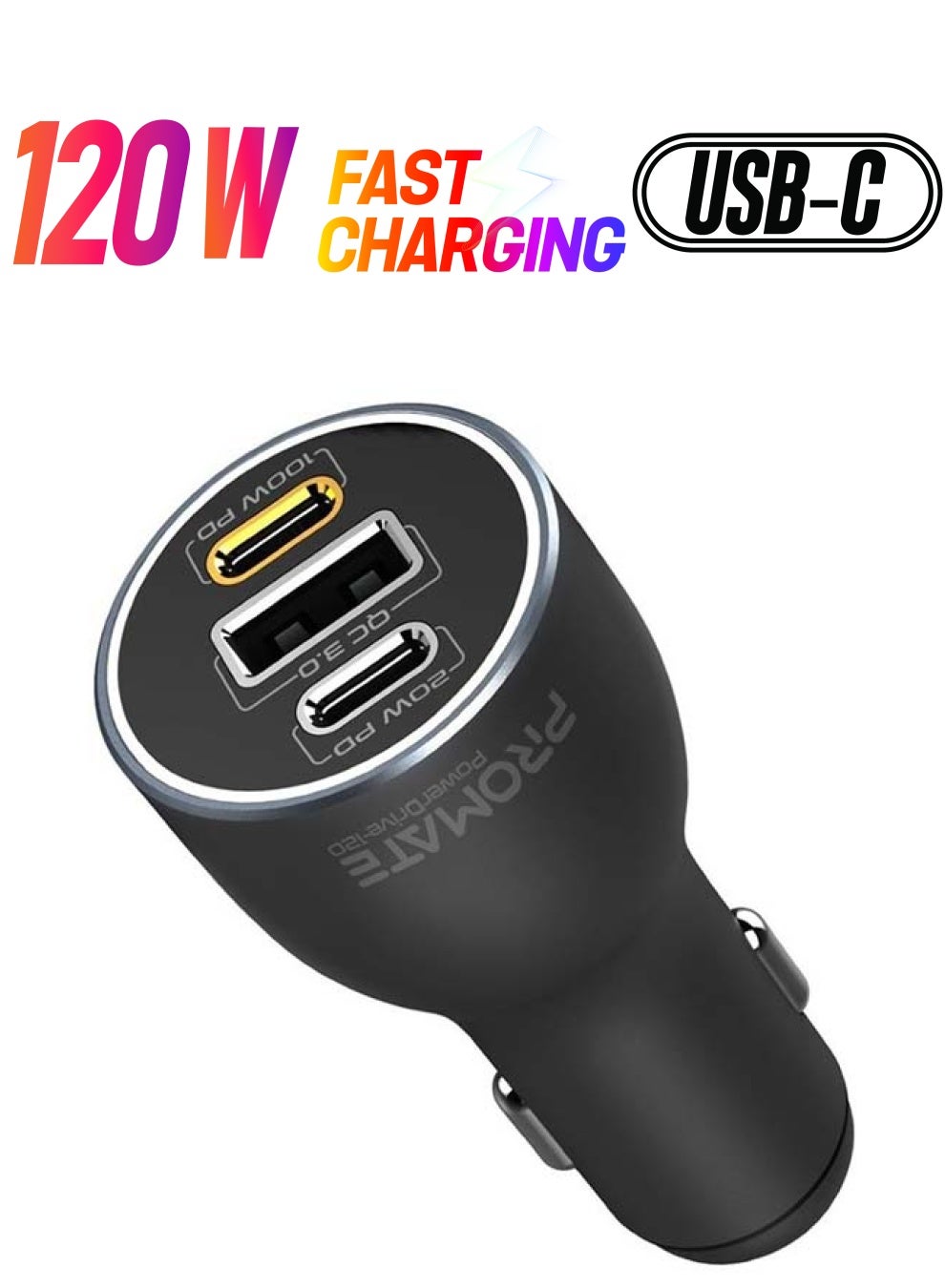 PROMATE Dual Type-C Super Fast Car Charger Adapter 120W Black 